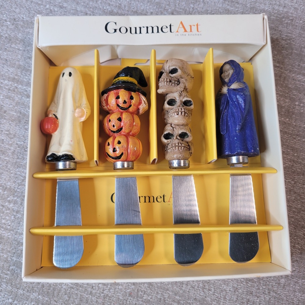 Gourmet Art Cheese Spreader Knives Halloween Ghost Pumpkin Skull Reaper Set of 4